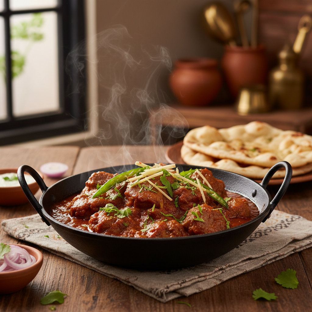 Authentic Pakistani Mutton Karahi served in a traditional iron karahi wok