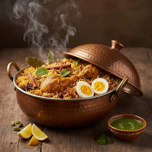 Authentic Pakistani Chicken Biryani in a copper deg pot