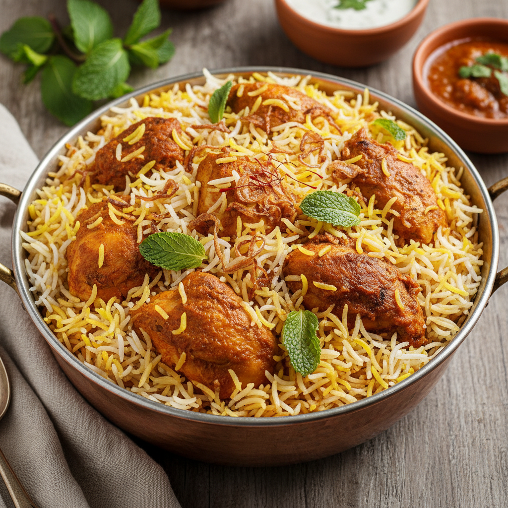 Authentic Pakistani Chicken Biryani served in a traditional copper pot