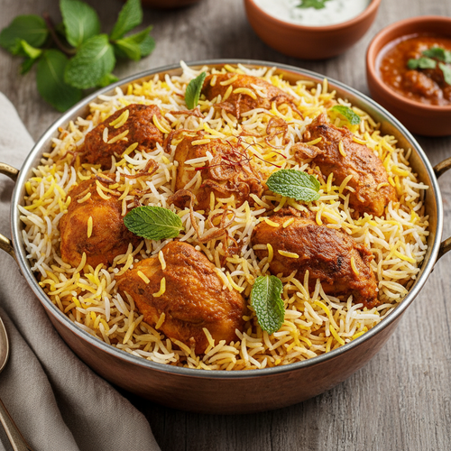 Authentic Pakistani Chicken Biryani served in a traditional copper pot